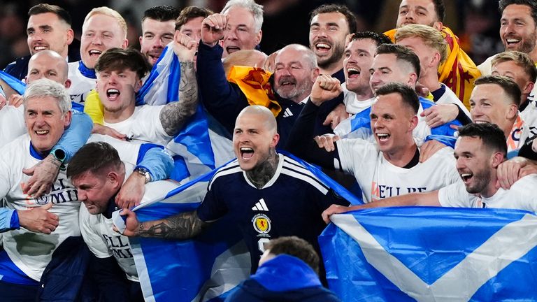 Scotland celebrate qualifying for the 2026 World Cup after their sensational 4-2 win against Denmark