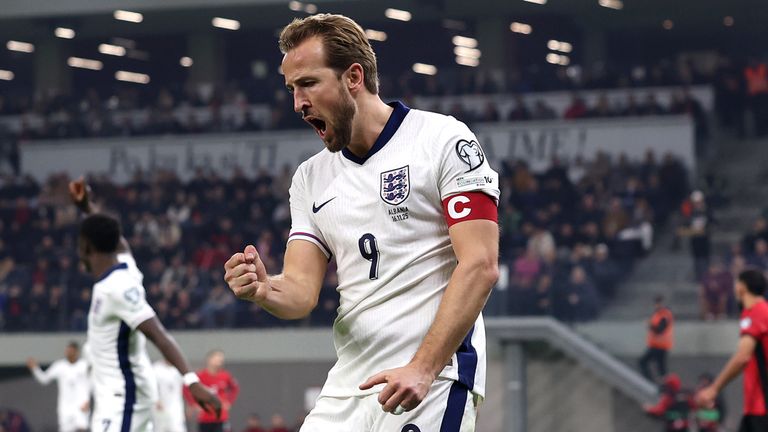 Harry Kane celebrates after heading England into a 2-0 lead in Albania