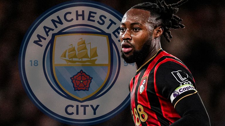 Manchester City badge (left) next to image of Bournemouth forward Antoine Semenyo