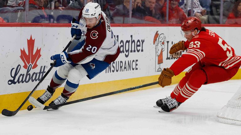 Ross Colton verteidigt den Puck gegen Detroits Moritz Seider (r.).