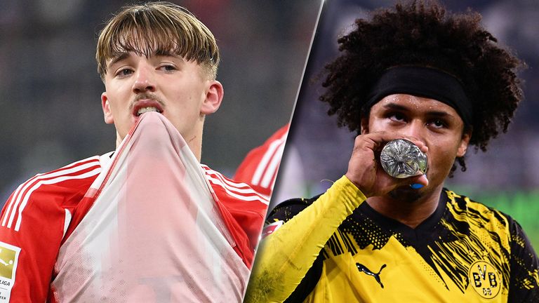 Lennart Karl (l.) und der FC Bayern haben den Punkterekord im Visier. Karim Adeyemi (r.) hat beim BVB momentan einen schweren Stand.