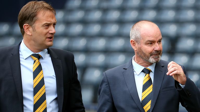 Scottish FA chief exec Ian Maxwell (L) and Scotland manager Steve Clarke 