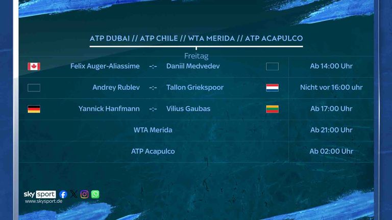 Diese Spiele siehst Du am Freitag, den 27. Februar, LIVE auf Sky Sport Tennis.