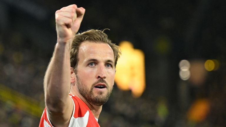 Harry Kane celebrates during Bayern Munich's match with Borussia Dortmund