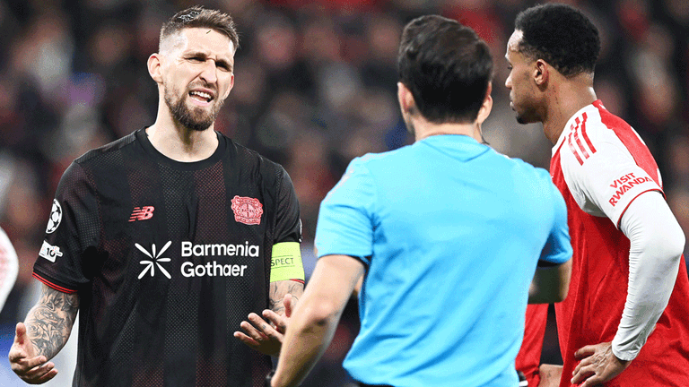 Robert Andrich empört nach der Elfmeter-Entscheidung für Arsenal.