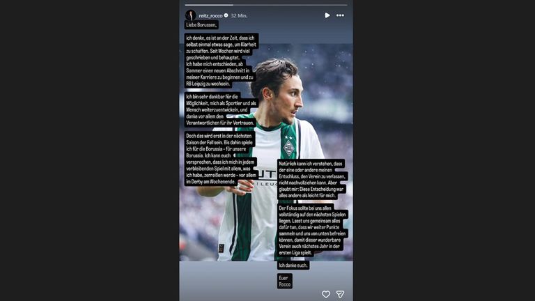 Rocco Reitz erklärt Wechsel von Borussia Mönchengladbach zu RB Leipzig - Quelle: Instagram/Rocco Reitz.