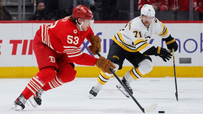 Moritz Seider (l.) und die Detroit Red Wings verlieren gegen Marco Sturms Boston Bruins. 