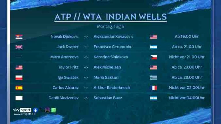 Diese Spiele siehst Du am Montag, den 09. März, LIVE auf Sky Sport Tennis.