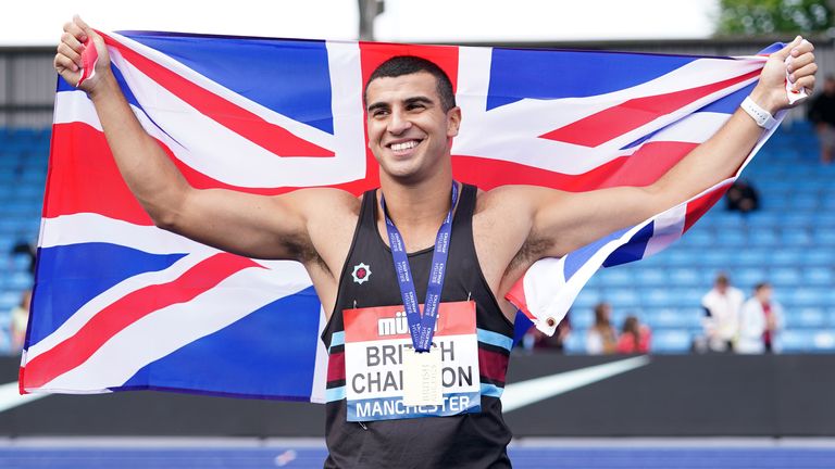 Great Britain's Adam Gemili celebrates winning the men's 200m final during day three of the Muller British Athletics Championships