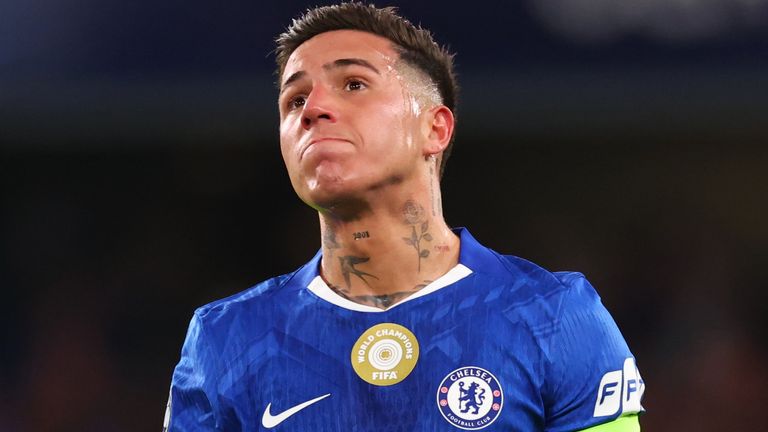 Enzo Fernandez of Chelsea looks dejected during the Champions League defeat to PSG