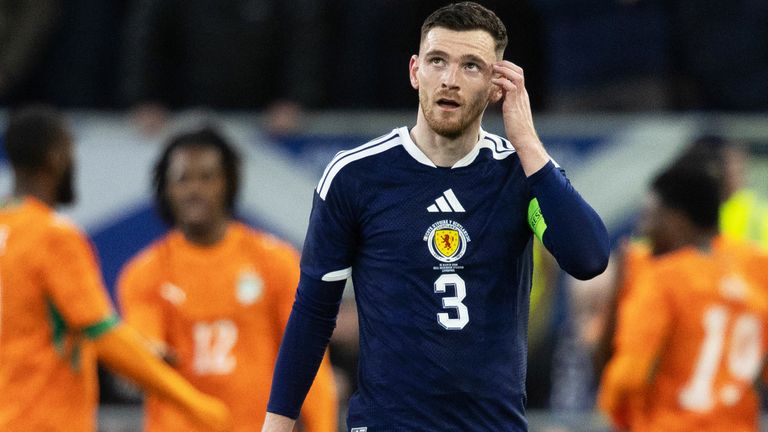 LIVERPOOL, ENGLAND - MARCH 31: Scotland's Andy Robertson after going behind during an International Friendly match between Cote d'Ivoire and Scotland at the Hill Dickinson Stadium, on March 31, 2026, in Liverpool, England. (Photo by Craig Foy / SNS Group)
