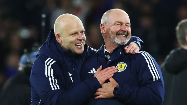 Scotland Head Coach Steve Clarke celebrates with assistant Steven Naismith after qualifying for World Cup 2026.