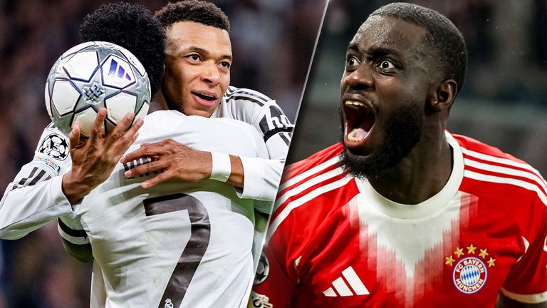 Real-Superstar Kylian Mbappe (li.) mit Ball bekommt es im CL-Kracher mit dem FC Bayern und Dayot Upamecano (re.) zutun.
