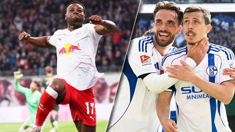 RB Leipzig (l.) kann in Leverkusen das Ticket für die Champions League fix machen. Der FC Schalke 04 (r.) kann gegen Düsseldorf aufsteigen.