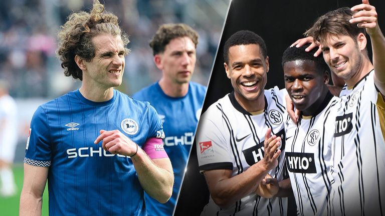Während Mael Corboz (l.) mit Bielefeld noch um den Klassenerhalt kämpft, hoffen die Elversberg-Spieler auf den Bundesliga-Aufstieg.