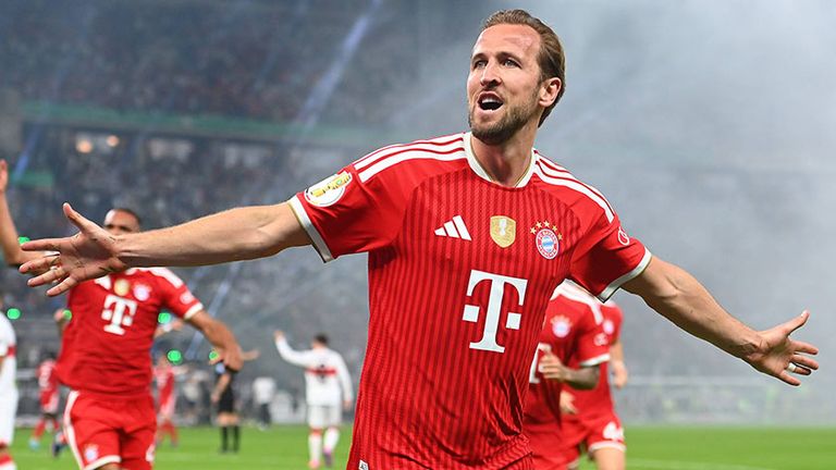 Bayern-Starstürmer Harry Kane bejubelt sein Tor im DFB-Pokal-Finale gegen den VfB Stuttgart.
