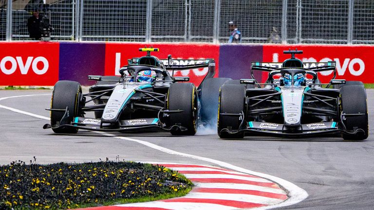 Die beiden Mercedes-Piloten George Russell (r.) und Kimi Antonello kommen sich in Montreal in die Quere.