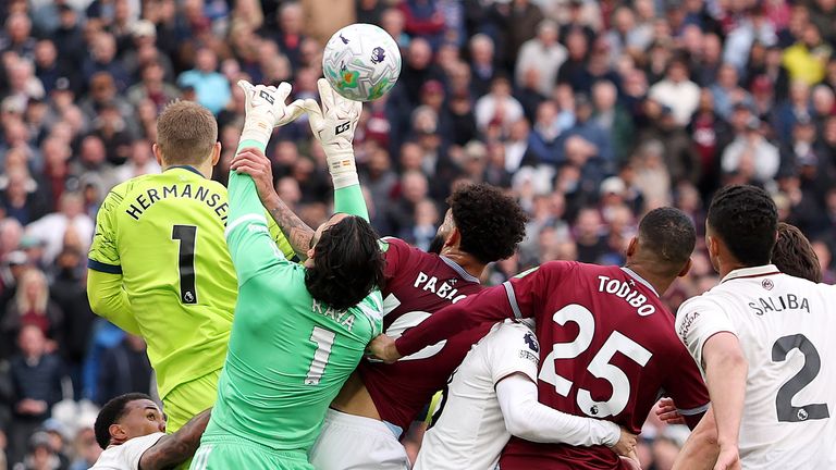 Pablo grabs the arm of David Raya before Callum Wilson (not pictured) scores a goal that is later disallowed by VAR