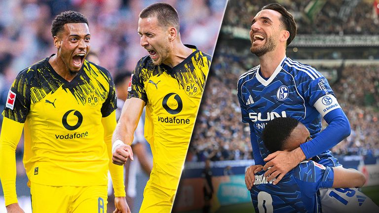Der BVB mit Felix Nmecha (von l.) und Waldemar Anton trifft in der kommenden Bundesliga-Saison wieder auf Schalke 04 mit Kenan Karaman.