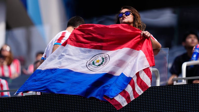 Hier ist die Vorderseite der paraguayischen Flagge zu sehen.