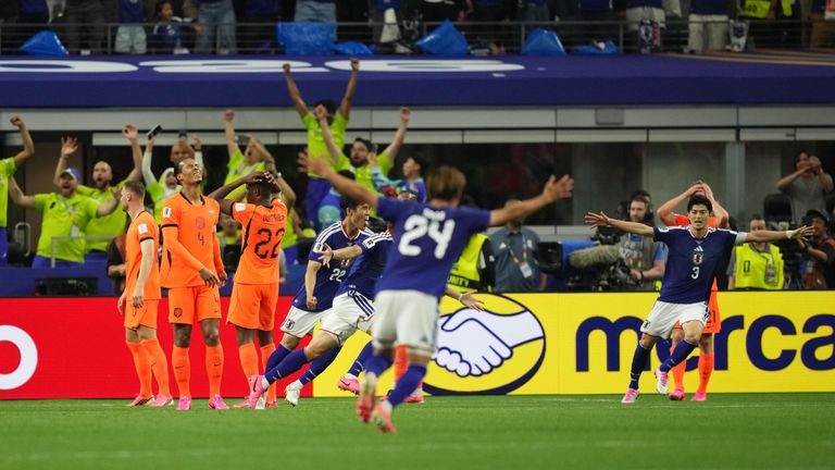June 14 2026: Daichi Kamada (Japan) scores and celebrates his teams second goal during Netherlands and Japan, FIFA World Cup 2026, at Dallas Stadium in Arlington, United States. Kim Price/CSM (Credit Image: .. Kim Price/Cal Sport Media) (Cal Sport Media via AP Images)