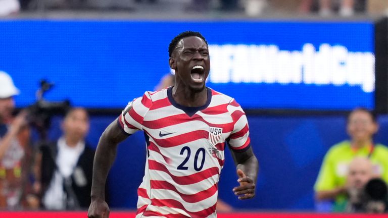 United States' Folarin Balogun, right, celebrates after scoring his team's second goal during the World Cup Group D soccer match between the United States and Paraguay in Inglewood, Calif., near Los Angeles, Friday, June 12, 2026. (AP Photo/Mark J. Terrill)
