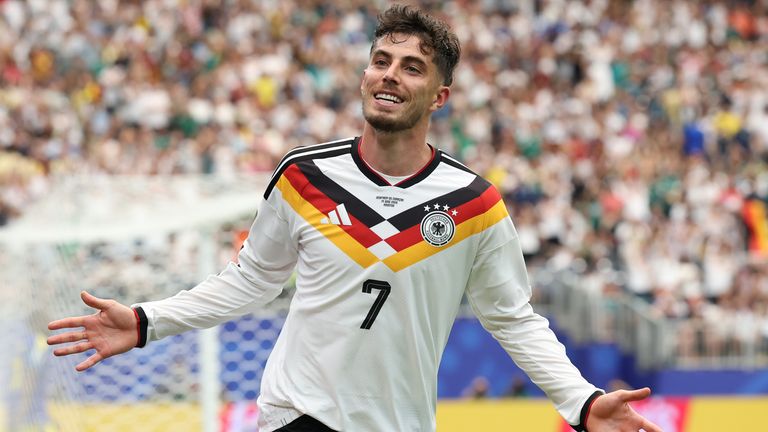 Kai Havertz celebrates after scoring his second goal of the game to give Germany a 7-1 lead against Curacao