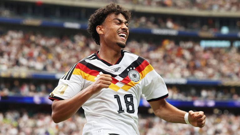 Nathaniel Brown celebrates after putting Germany 5-1 up against Curacao