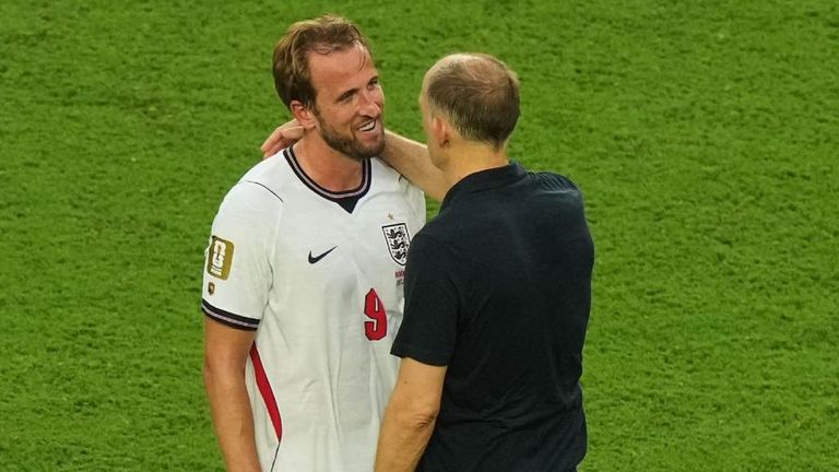 England-Kapitän Harry Kane (l.) und Nationaltrainer Thomas Tuchel (r.).