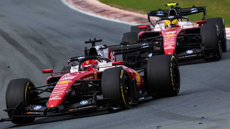 Charles Leclerc (vorn, Nr. 16) fährt beim GP der Niederlande direkt vor Lewis Hamilton.