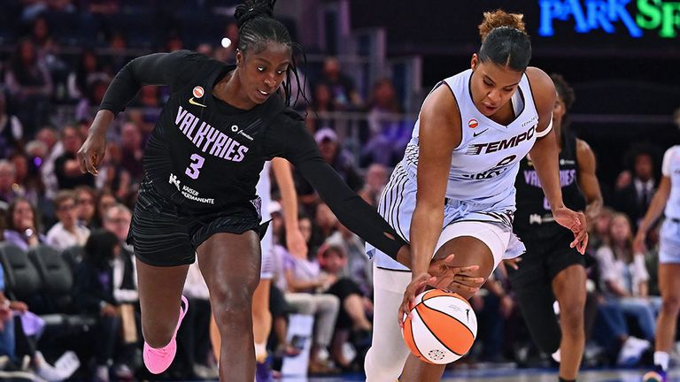Die deutsche WNBA-Spielerin Nyara Sabally (r.) von Toronto Tempo im Duell mit Laeticia Amihere von den Golden State Valkyries.