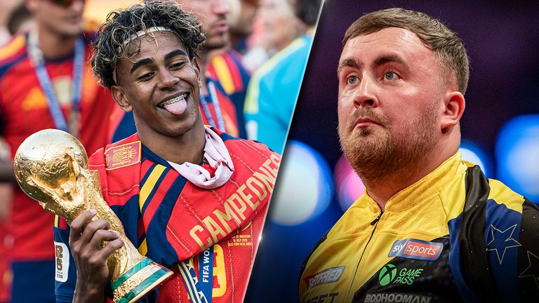 Für Darts-Wunderkind Luke Littler (r.) hat Fußball-Wunderkind Lamine Yamal noch nicht viel erreicht.
