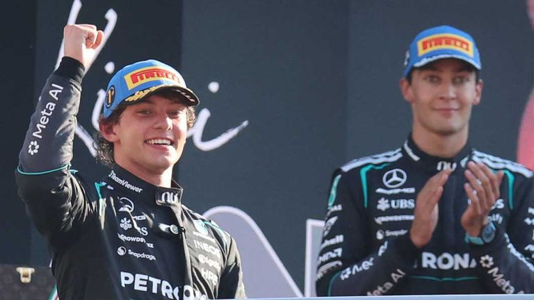Kimi Antonelli (l.) gewann in Madrid vor seinem Teamkollegen George Russell.