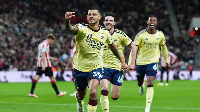 Bruno Guimaraes (l.) bejubelte seinen Treffer für Arsenal im Auswärtsspiel gegen Sunderland. Heute geht es gegen Brighton & Hove Albion. 