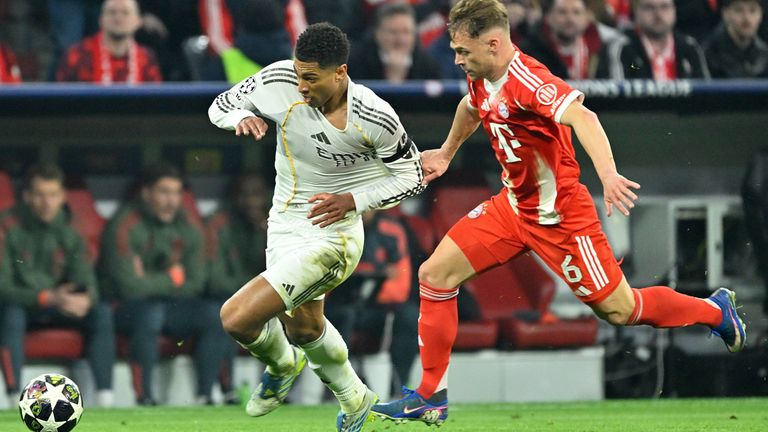 Trafen in der vergangenen Saison im CL-Viertelfinale aufeinander: Jude Bellingham (l./Real Madrid) und Joshua Kimmich (r./Bayern München).