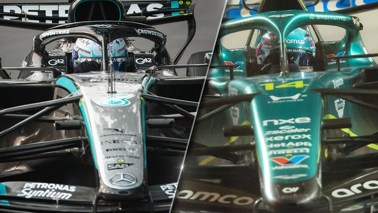 Mercedes (l.) und Aston Martin (r.) fahren mit einer Sonderlackierung in Austin.